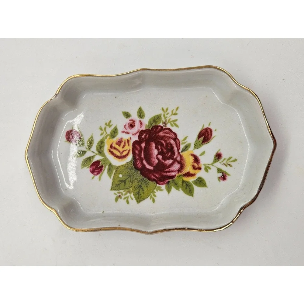 Vintage Porcelain Rose Collectible Trinket Dish Scalloped Gold Rim Floral Tray